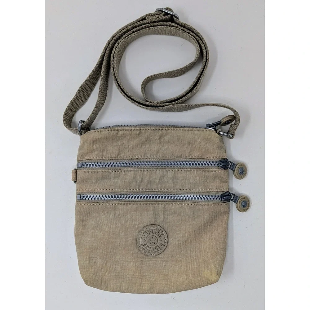 Mini Kipling Alvar Khaki Beige Tan Crossbody Triple Zip Bag Purse - No Monkey